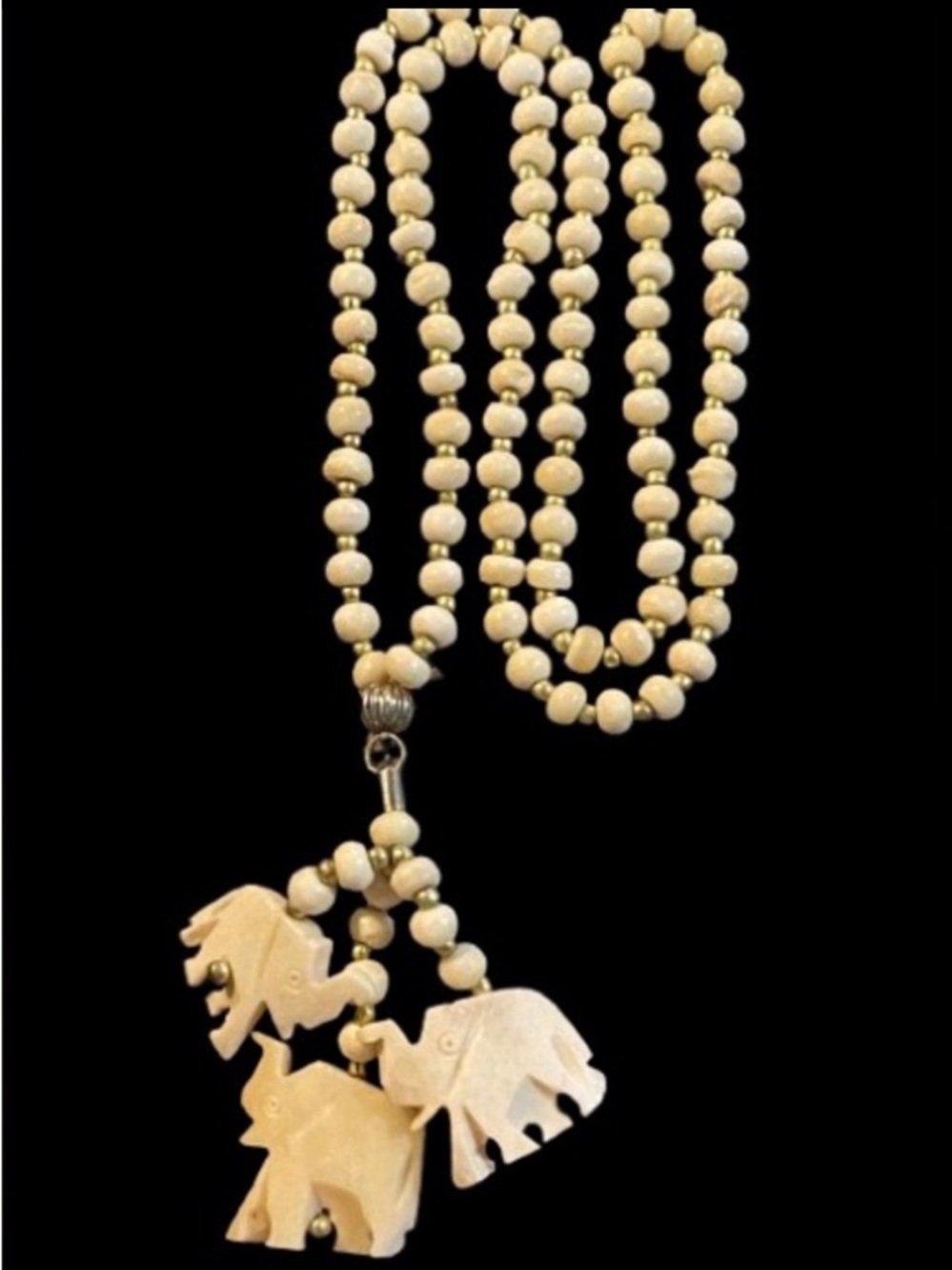 Vintage Carved Bone Cream Beaded Necklace with 3 Elephant Pendants Good Luck